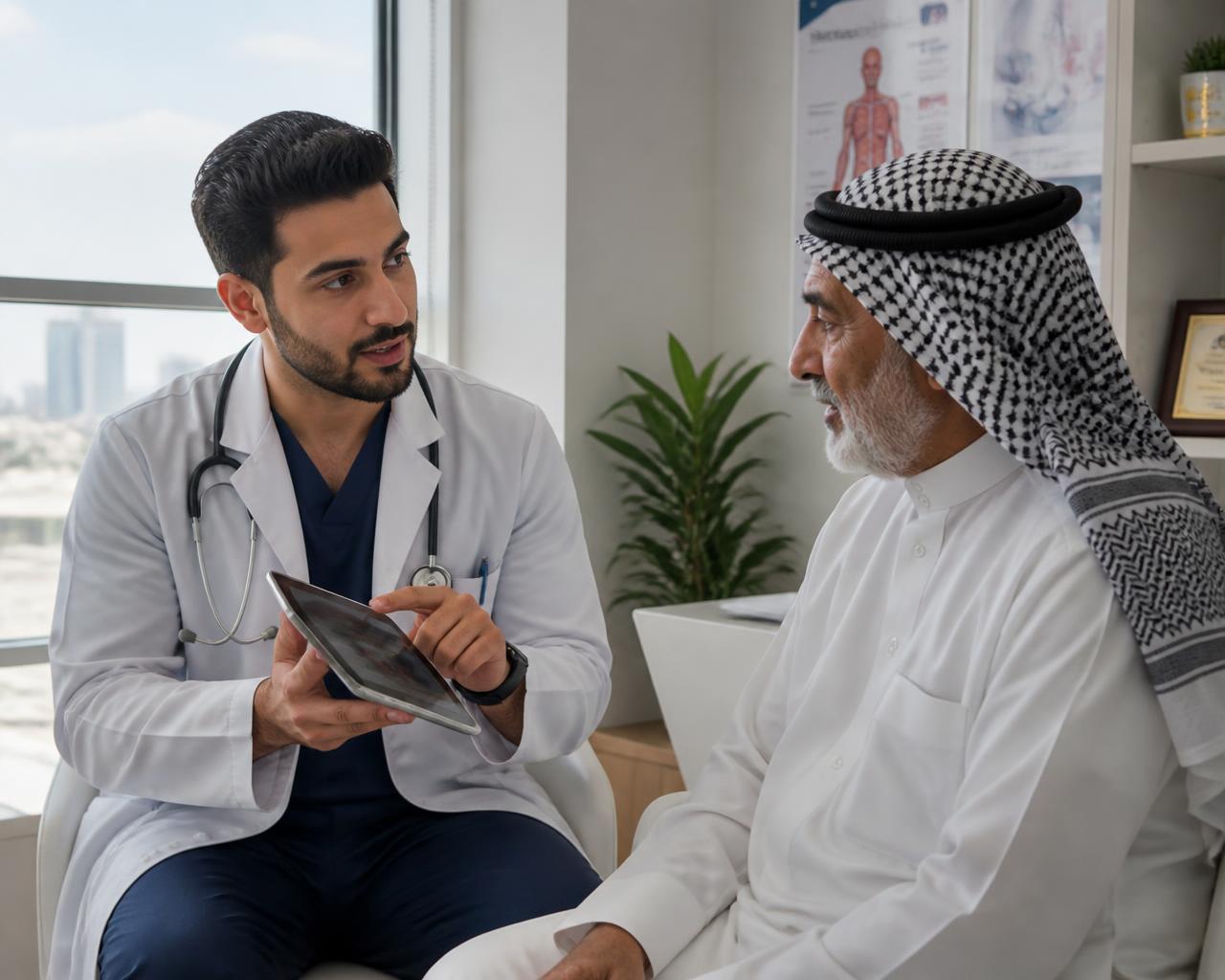 طبيب سعودي يشرح لمريض مسن بالزي السعودي خطة علاج المايلوما في عيادة حديثة