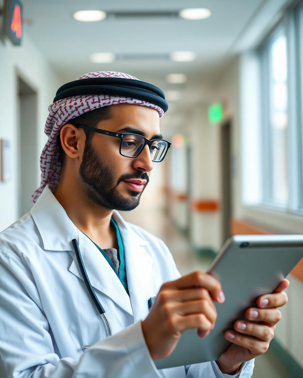 طبيب سعودي يراجع نتائج المختبر على جهاز لوحي